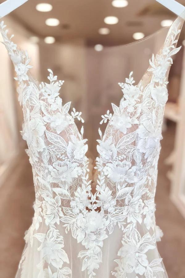 A-Line V-neck Chiffon Lace Open Back Long Wedding Dresses With Split by BIZTUNNEL