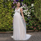 V-neck Wedding Dresses Empire Waist Lace-up Back Maternity Bride Dress White Garden Lace Bridal Gown for Pregnant Women Dress by payinti