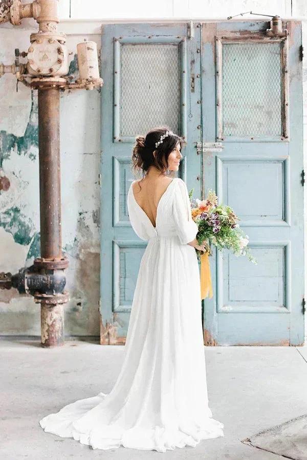 V-neck Half-sleeve Empire Simple Chiffon Casual Wedding Dress WD711 by pgmdress