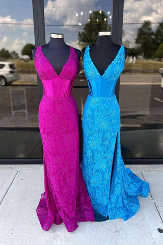 Vestido de fiesta de sirena azul marino con cola larga y abertura y brillo