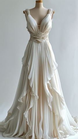Elegantes Chiffon-Rüschen-Langes Ballkleid Elfenbein Brautkleid Abendkleid Y7997