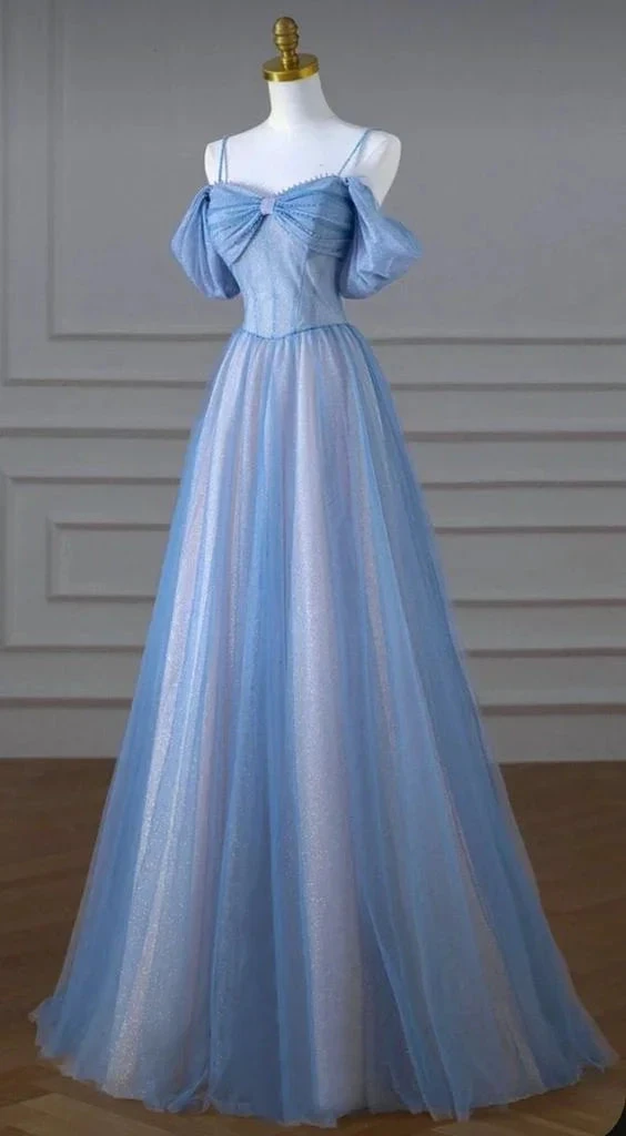 Elegant blue off-shoulder evening gown on mannequin, ZAPDRESS fashion store