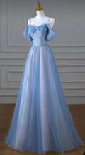 Elegant blue off-shoulder evening gown on mannequin, ZAPDRESS fashion store