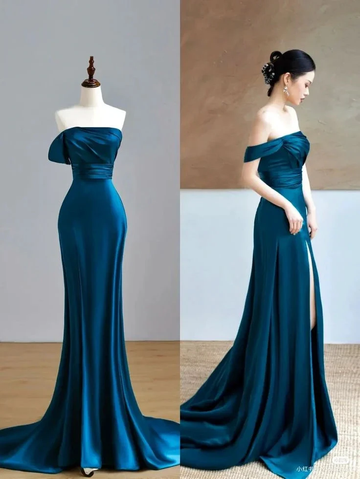 Teal satin off-shoulder evening gown with side slit from ZAPDRESS, shown on mannequin and model.