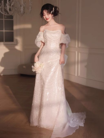 Pink A-Line Off-Shoulder Tulle Sequins Beaded Long Prom Dress Formal Evening Dress Y8050