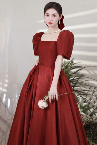 Burgundy Satin Long Prom Dresses A-Line Short Sleeve Evening Dresses Y1170