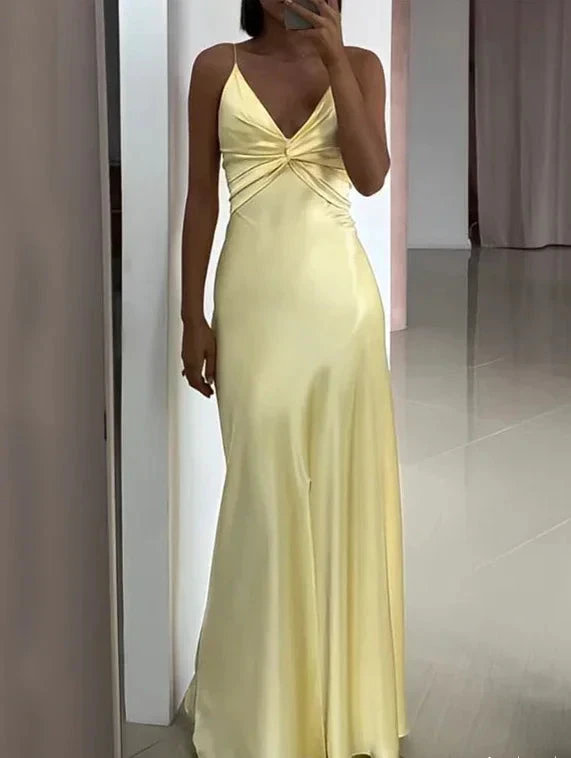 Simple Yellow V Neck Satin A Line Prom Dress Evening Dress Y8551 by simplepromdress