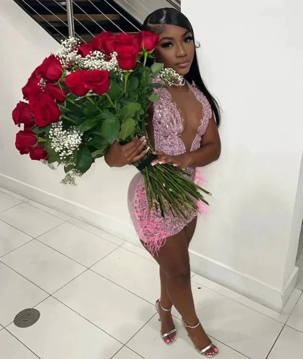 Luxurious Heavy Beaded Pink Homecoming Dress 22nd Birthday Outfit Dress Y1828 by simplepromdress