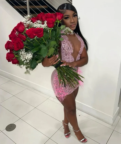 Luxurious Heavy Beaded Pink Homecoming Dress 22nd Birthday Outfit Dress Y1828