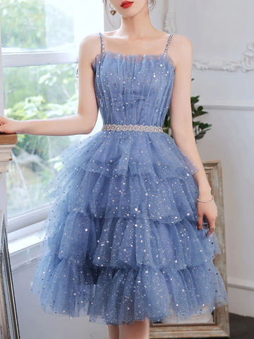Short Puffy Blue Prom Dress Tulle Short Blue Puffy Homecoming Dress Y2620