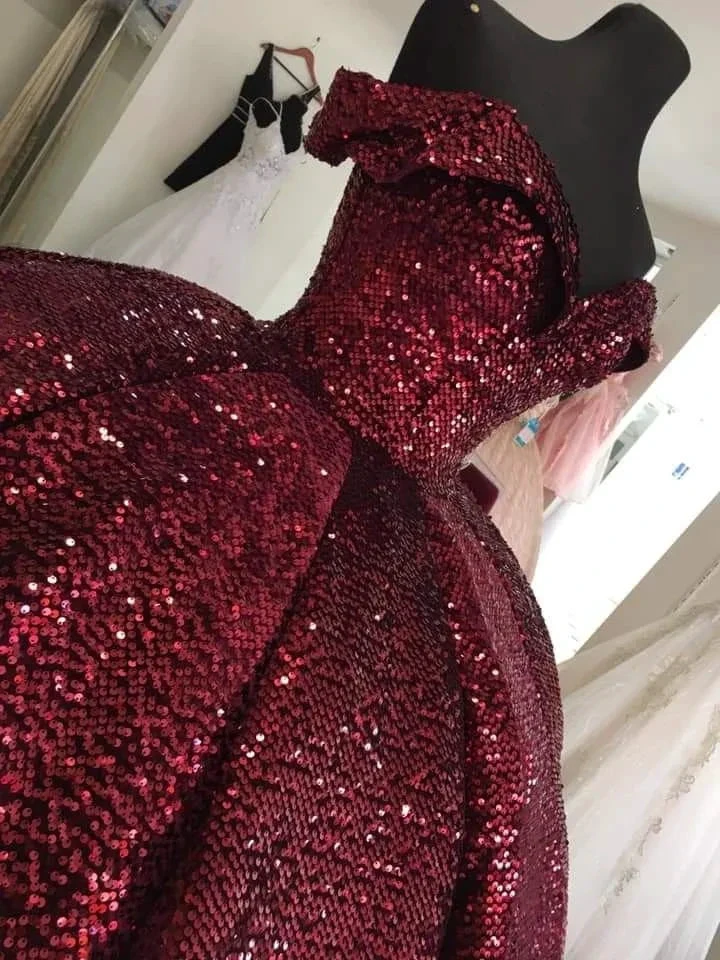 Sparkly Burgundy Off The Shoulder Ball Gown Sweet 16 Dress Y4264 by simplepromdress