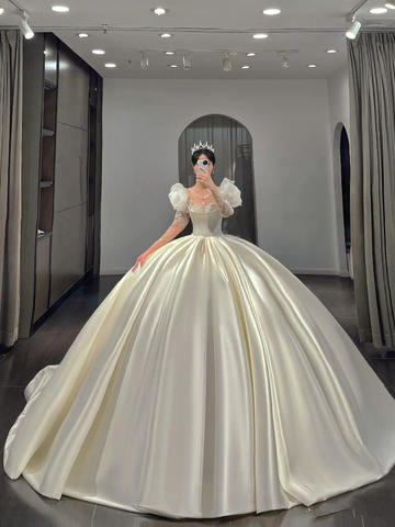 A-Linie Satin Brautkleid, Retro Weiß Satin Brautkleid Y2290