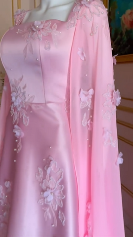 Vestido de noche largo de satén rosa de lujo con corte A y bonitos apliques, vestido de fiesta Y7591