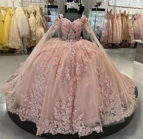 Pink Quinceanera Dresses Off Shoulder Flowers Lace Appliques Beaded Puffy Party Princess Sweet 16 Ball Gown Y2936 by simplepromdress