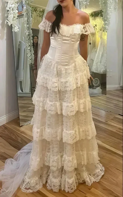 Vintage Off The Shoulder White Lace Layered Wedding Dress, Ruffle Long Bridal Dress Prom Dress Y8015 by simplepromdress