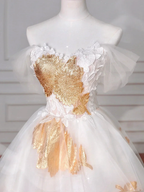 Gorgeous Gold Print Tulle Off The Shoulder Ball Gown A Line Prom Dress Evening Dress Y8618 by simplepromdress