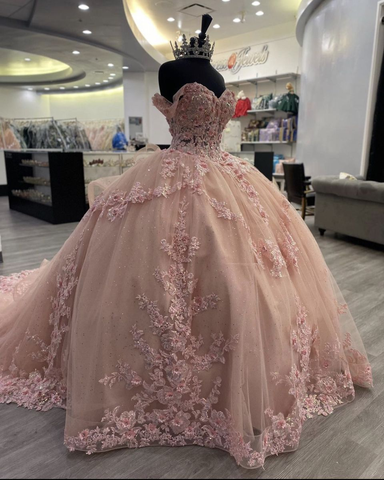 Vestido de fiesta con apliques rosas brillantes, vestido de princesa rosa Y2341