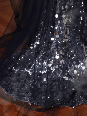 Black Glitter Sequins Tulle Mermaid Prom Dress Strapless Evening Dress With Bow Y8615