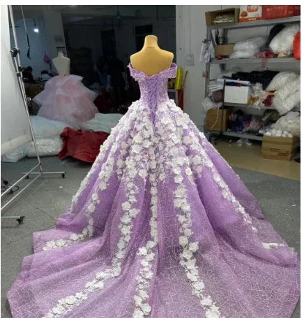 3D Flowers Lilac Sweet 15 Dress Off the Shoulder Quince Dress Luxurious Ball Gown Y906 by simplepromdress