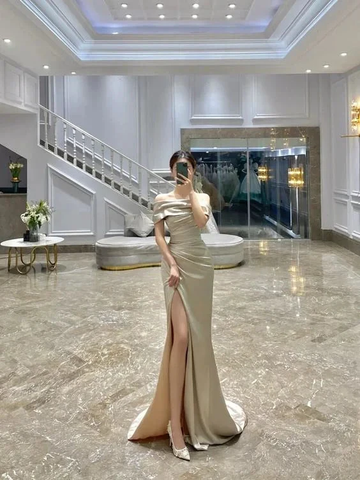Classy Off The Shoulder Sheath Evening Dress With High Split Y7141 by simplepromdress