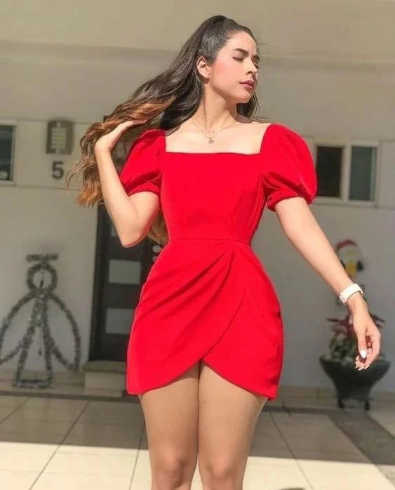 Red Square Neckline Homecoming Dress with Puff Sleeves Y2546 by simplepromdress