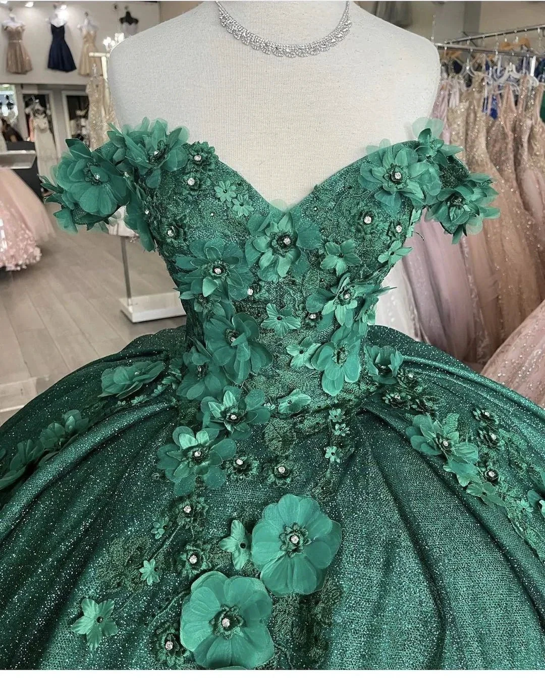 Off The Shoulder Green Ball Gown With Flowers Sweet 16 Dress Y1116 by simplepromdress