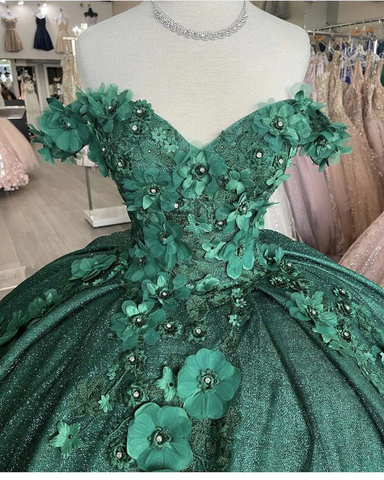Vestido de fiesta verde con hombros descubiertos y flores para quinceañeras Y1116