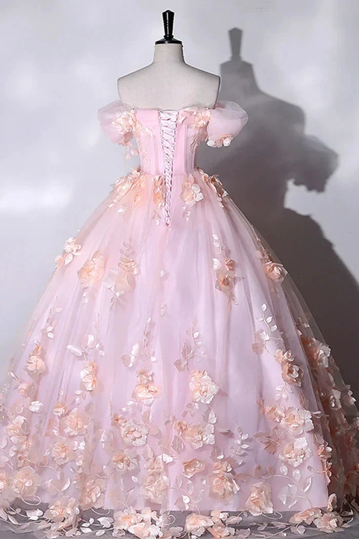 Pink Flowers Sweetheart Ball Gown Formal Dresses, Pink Long Sweet 16 Dresses Y6951 by simplepromdress