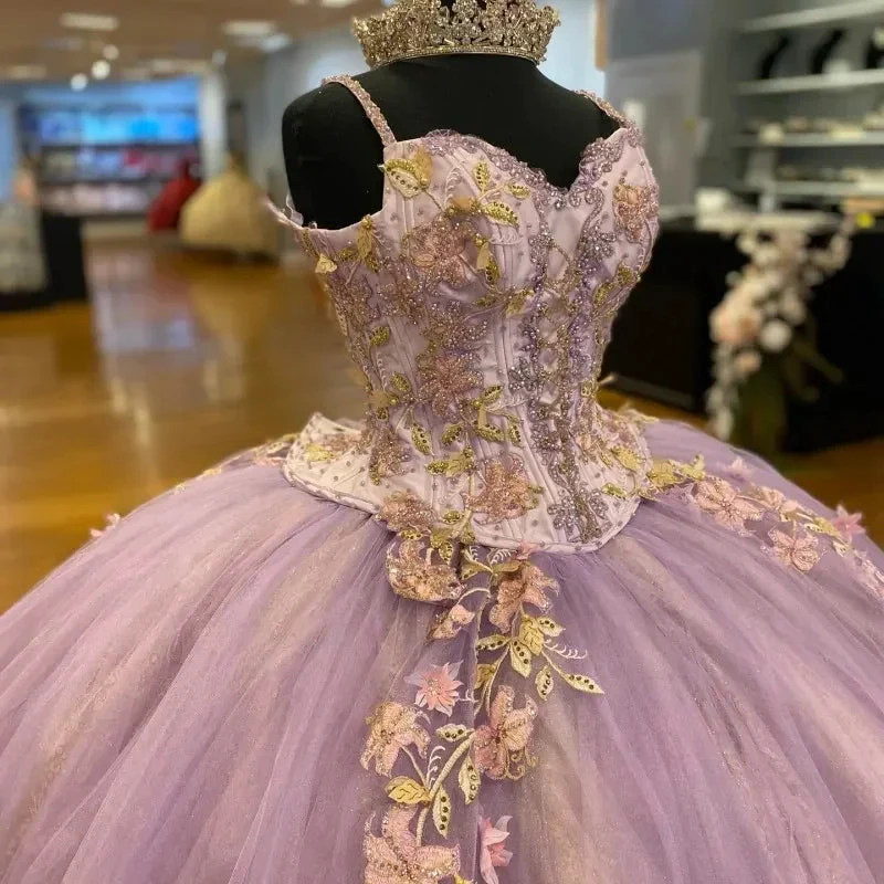 Pretty Spaghetti Straps 3D Flowers Adorned Court Train Quinceanera Ball Gown Lace Inside Y1247 by simplepromdress