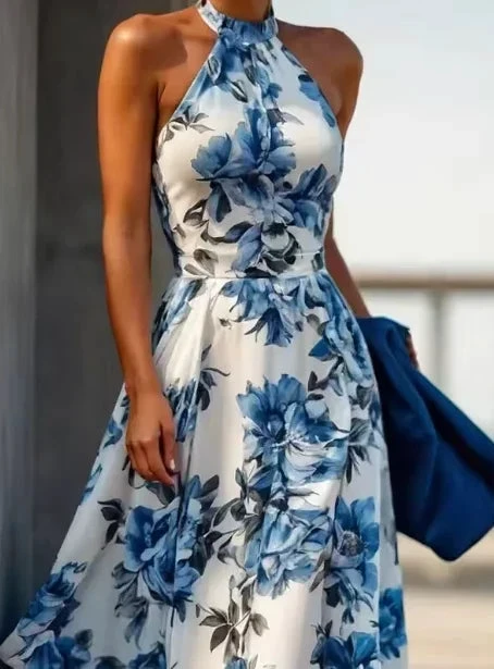 New Arrive Sleeveless Satin Floral Print Halter Neck A Line Evening Dress Blue Prom Dress Y8480 by simplepromdress