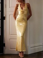 Sexy V Neck Yellow Sequins Sheath Prom Evening Dress With Flowers Y7891 by simplepromdress