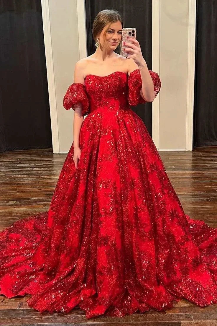 Red Floral Lace Strapless Ball Gown with Puff Sleeves Y5975 by simplepromdress