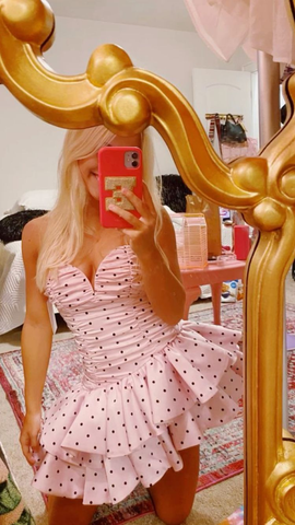 Bohemian Mini Dress Pink Dot Short Homecoming Dress Pink Tiered Dress Y2001