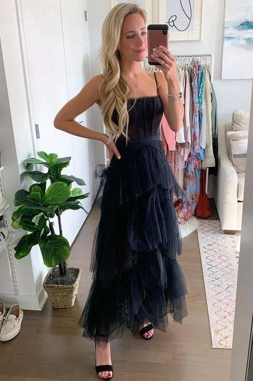 Elegant A-line Layered Tulle Black Prom Dress,Sheer Corset Long Evening Dress,Graduation Dress Y1765 by simplepromdress