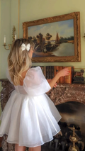 Square Neck White Tulle Short Homecoming Dress With Puff Sleeves Y2375 by simplepromdress