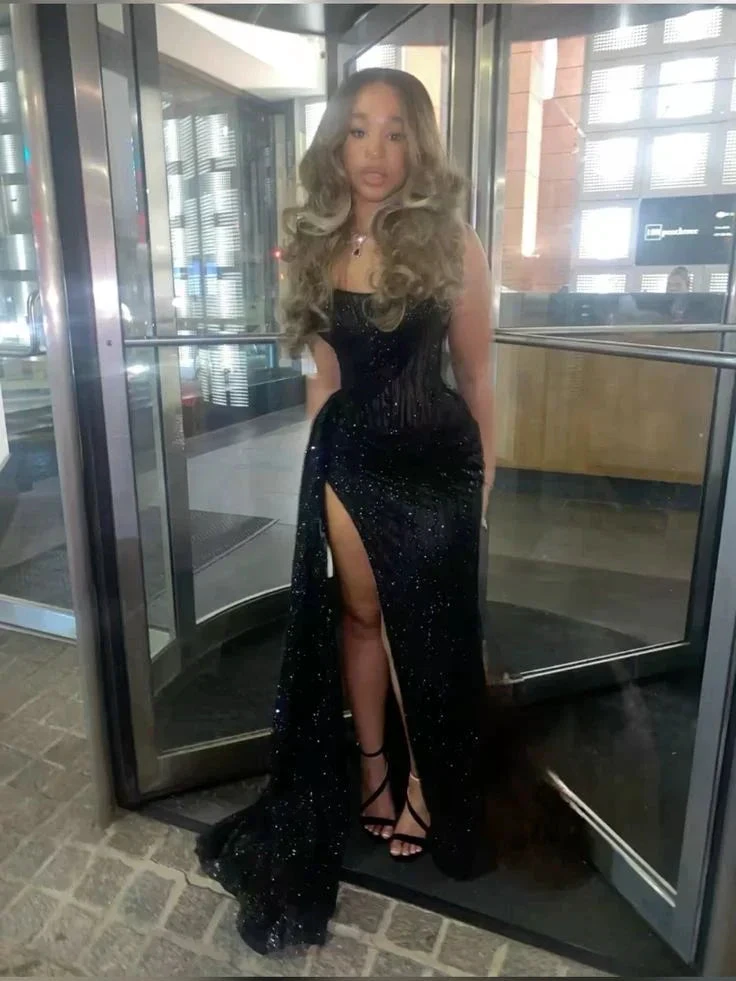 Sexy Black Lace Sequin Slit Mermaid Long Prom Dress Evening Dress Y8055 by simplepromdress