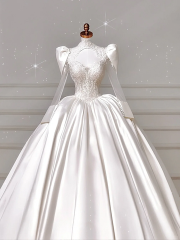 Hermoso vestido de novia de satén blanco con apliques de encaje, corte A, vestido de fiesta formal Y8607