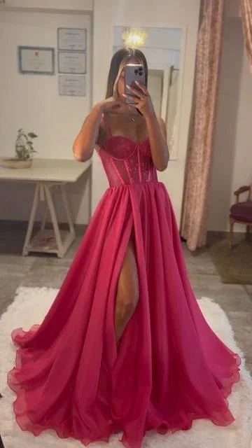 Hot Pink A Line Lace Bodice Side Slit Prom Dress Evening Gowns Y6808 by simplepromdress