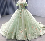 Matcha Green Off The Shoulder Floral Appliqués Shimmering Lace Up Back Quinceañera Pageant Special Occasion Gala Ball Gown Y2190 by simplepromdress