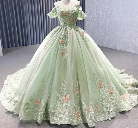 Vestido de gala verde matcha con hombros descubiertos y apliques florales, espalda con cordones brillantes, para quinceañeras, ocasiones especiales, Y2190
