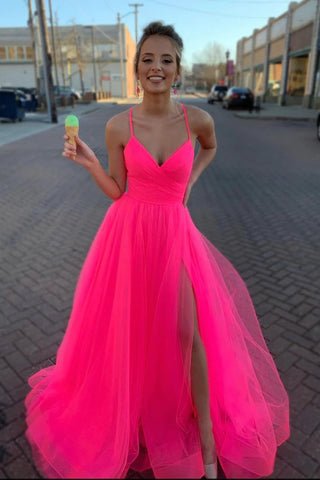 Vestido de fiesta largo rosa intenso con espalda con cordones SYP98