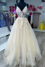 V Neck Champagne Tulle Lace Wedding Dresses Bridal Gown WD706 by pgmdress
