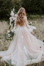 V Neck Long Sleeve Wedding Dress Rustic Wedding Gown WD725 by pgmdress