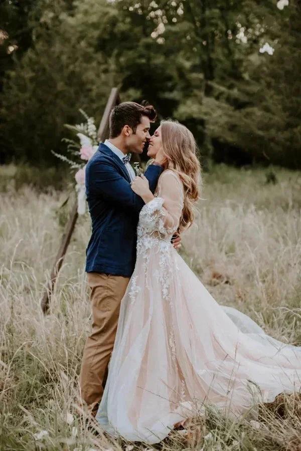 V Neck Long Sleeve Wedding Dress Rustic Wedding Gown WD725 by pgmdress