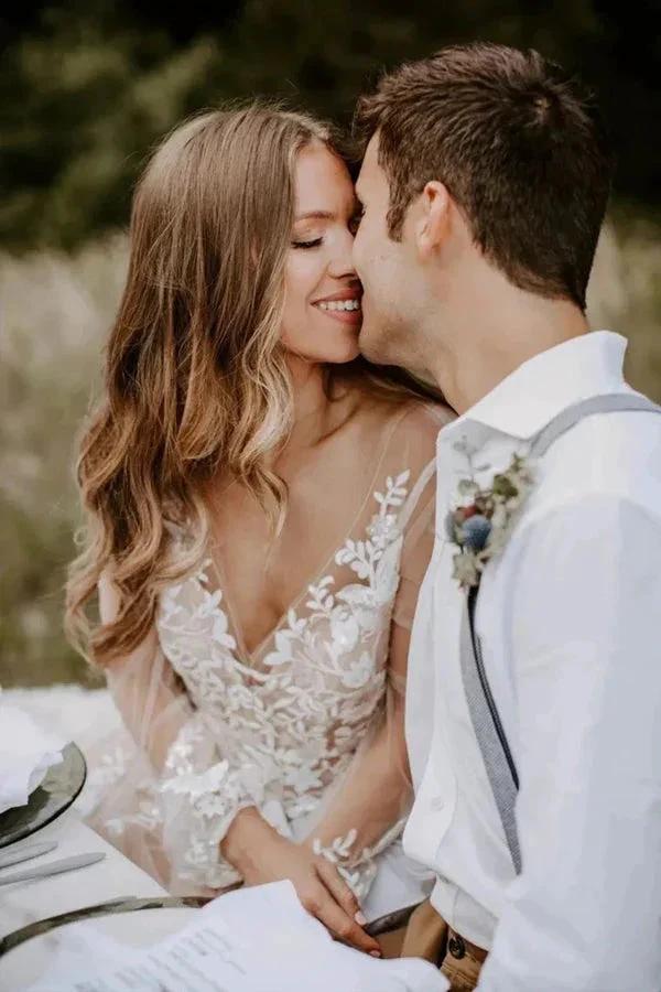 V Neck Long Sleeve Wedding Dress Rustic Wedding Gown WD725 by pgmdress