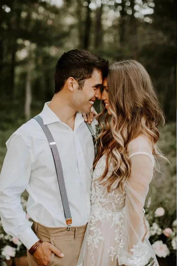 V Neck Long Sleeve Wedding Dress Rustic Wedding Gown WD725 by pgmdress