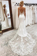 V Neck Mermaid Spaghetti Straps White Wedding Dress WD736 by pgmdress