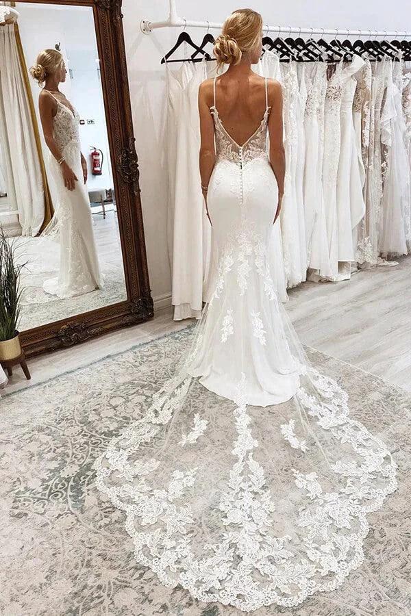 V Neck Mermaid Spaghetti Straps White Wedding Dress WD736 by pgmdress