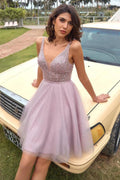 V Neck Open Back Blush Pink Sequin Short Prom Homcoming Dress PD433 by pgmdress