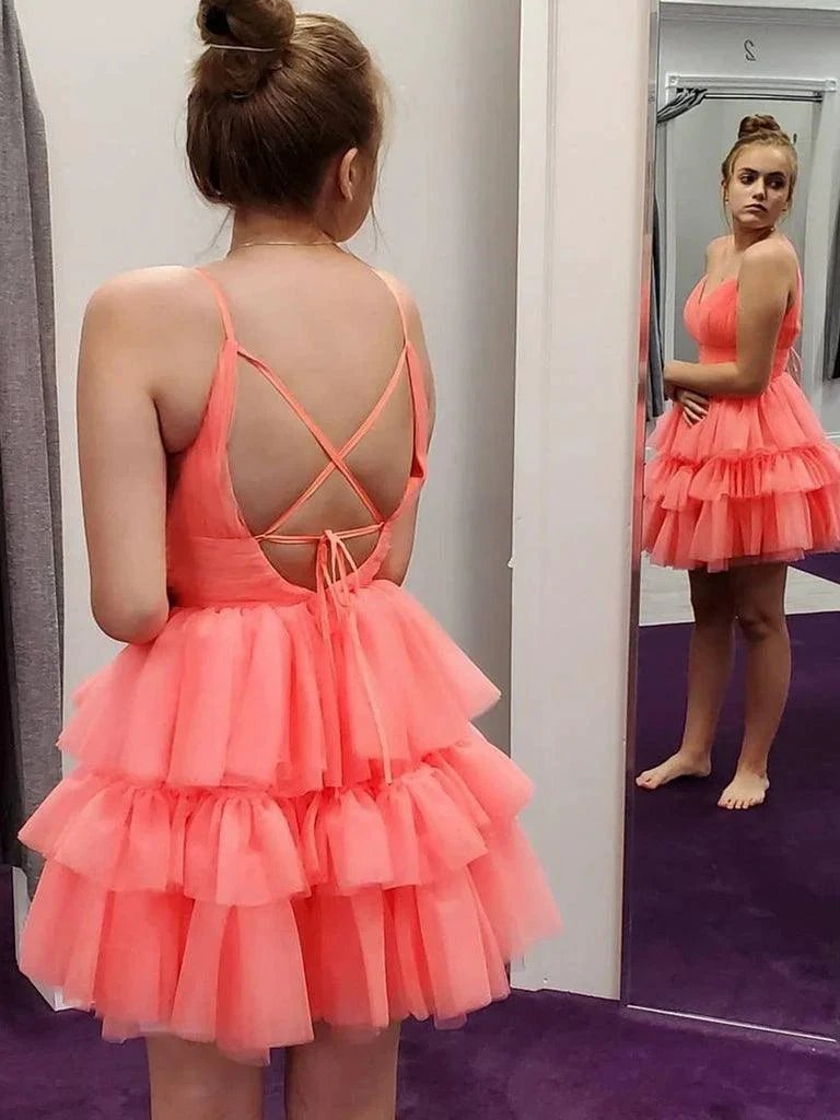 V Neck Layered Coral Short Prom Dresses Homecoming Dresses PD446 by pgmdress